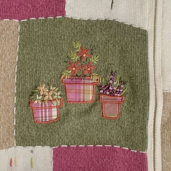 Vintage 90s Embroidered Cardigan Oatmeal Patchwork Light Pink Floral Knit Zipper - Picture 11 of 12